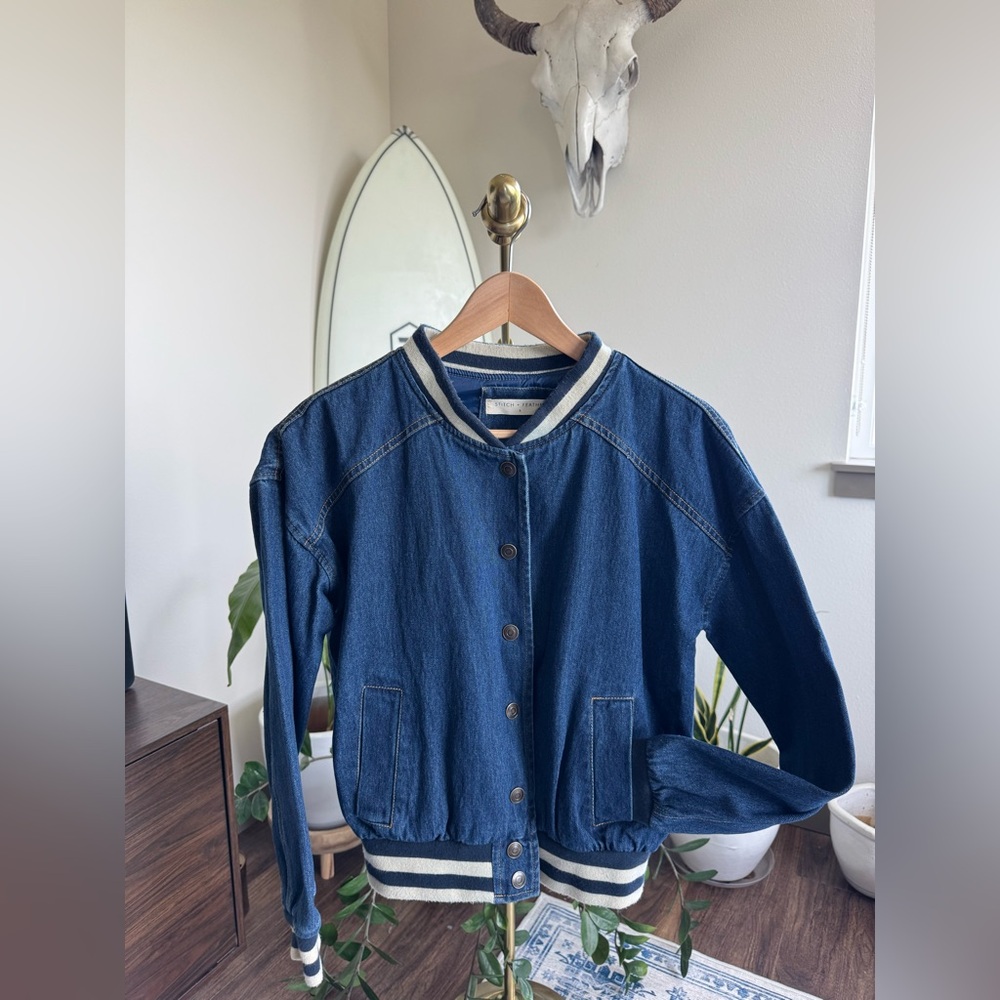 NWOT stitch & feather denim bomber jacket